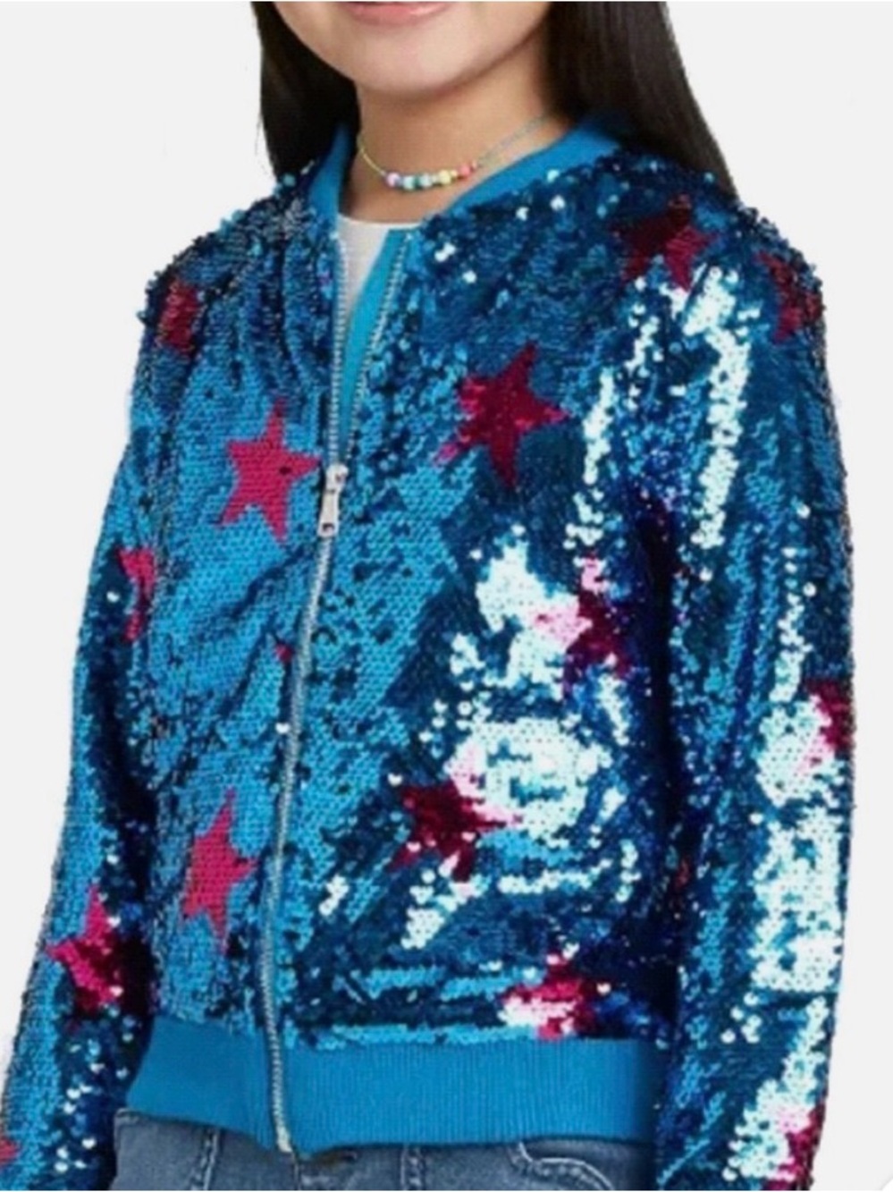 Kids Blue Sequin Star Bomber Jacket - Sparkling Zip-Up